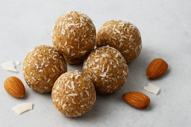2) Almond-Coconut Vanilla (Date-Free) (≈ 95 kcal | 4–5 g protein | 6 g fat | 5 g carbs | 2 g fiber)​