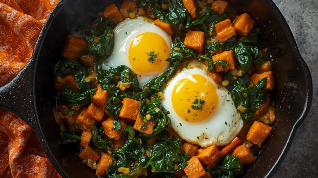 3) Sweet-Potato & Egg Hash with Spinach (15 minutes, skillet)​