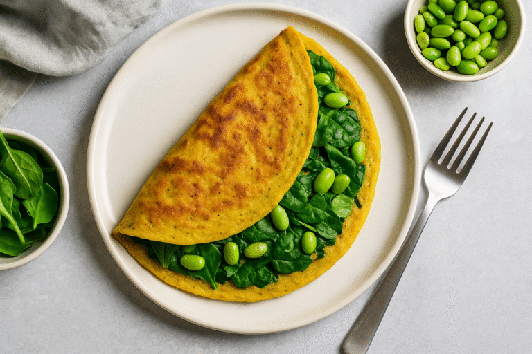 4) Edamame–Spinach Egg(less) Omelet (Chickpea Batter) (24–26 g protein, vegan)​