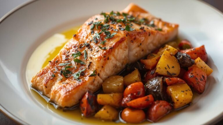 2. Baked Salmon with Olive Oil, Herbs & Roasted Vegetables​