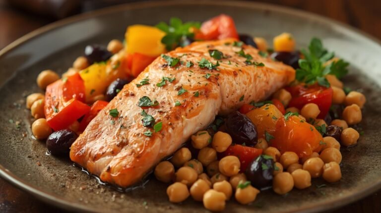 2. One-Pan Mediterranean Chickpea & Salmon Plate (Lunch/Dinner)​