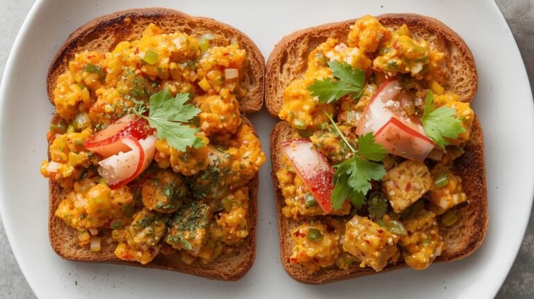 3) Tofu Bhurji Toast (Indian-Style Scramble) (12 Minutes, Vegetarian/Vegan)​