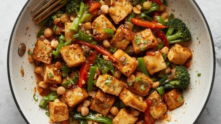4) Crispy Tofu–Veg Stir-Fry with Peanut-Soy Glaze (30–35 g protein)​