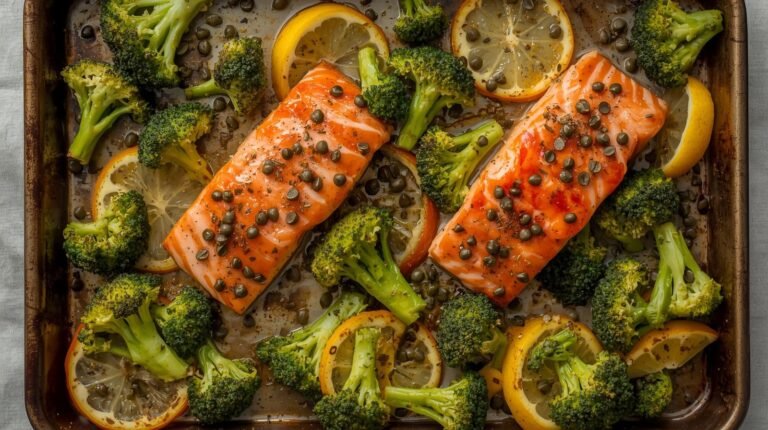 4) Sheet-Pan Lemon-Caper Salmon & Broccoli​