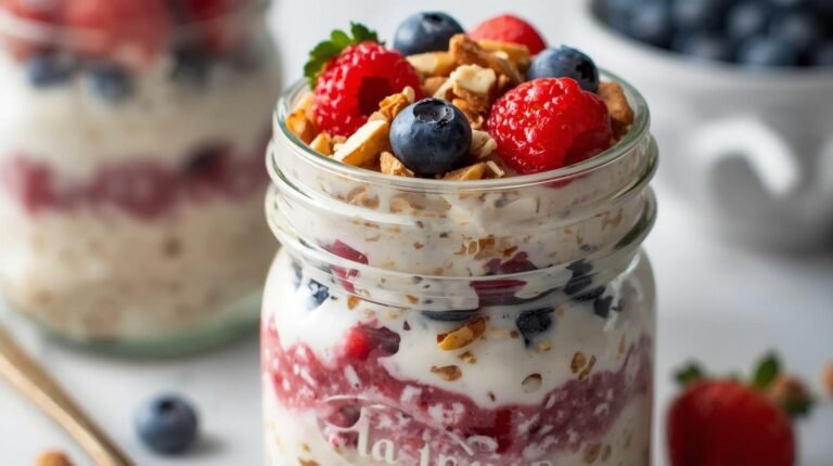 4. Berry Almond Crunch Overnight Oats (Milk + Yogurt)​