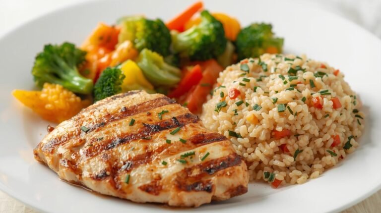 3. Grilled Chicken Breast with Steamed Veggies & Quinoa (Lunch/Dinner)​