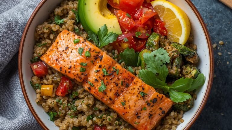 Meal 1: Salmon + roasted veggie quinoa bowl (Mediterranean-style)​